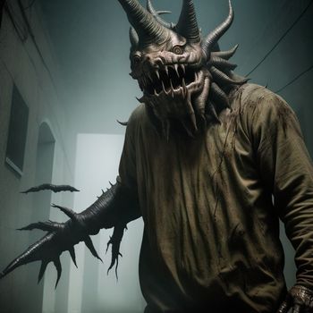 man in a creepy costume with horns and horns on his head and hands on his hips