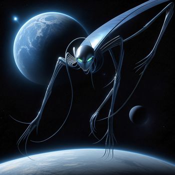 cartoon alien is flying over the earth in space with a moon in the background and a blue planet in the foreground