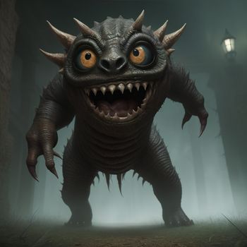 creature with big eyes and big teeth in a foggy forest with a lantern on its head and a lantern on its head