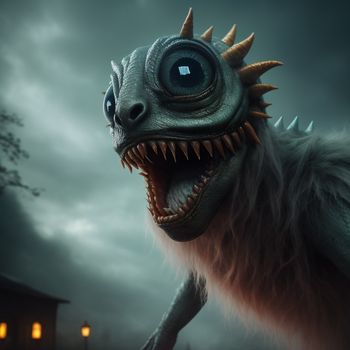 close up of a monster with a big mouth and sharp teeth with a dark background with a house