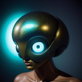 close up of a person with a weird looking head and eyes on a mannequin head with a blue light behind it