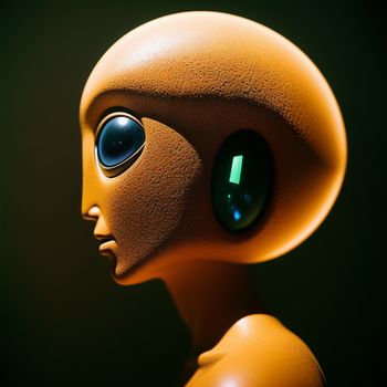 close up of a toy with a green light on it's head and a black background with a green light on it's head