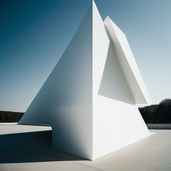 white sculpture with a triangular shape on top of it's side and a sky background behind it