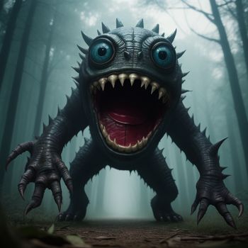 monster with big teeth and big teeth in the woods with foggy trees and foggy sky behind it