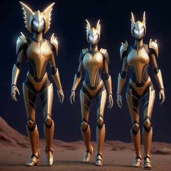 group of three different types of armor on a desert surface with a dark background and a few smaller ones in the background