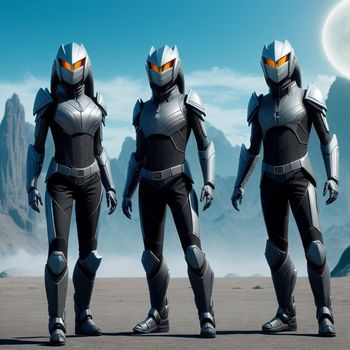group of three robots standing next to each other on a desert field with mountains in the background and a sun in the sky