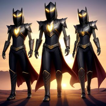 three superheros standing in the desert at sunset with their capes open and glowing eyes closed