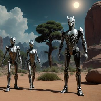 group of three alien like creatures standing in the desert with a full moon in the background and a desert landscape