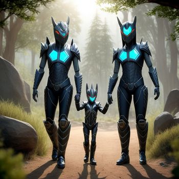 couple of people in futuristic suits walking down a dirt road with trees in the background and a sky background