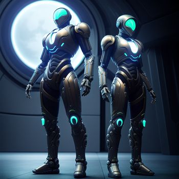 couple of futuristic looking people standing in a room with a moon in the background and a window behind them