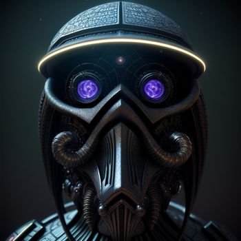 futuristic man with a helmet and purple eyes in a dark background with a black background and a yellow light