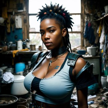 woman with a mohawk standing in a room with a lot of clutter on the walls and a window