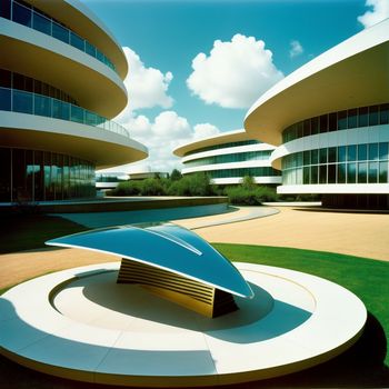 sculpture in front of a building with a sky background and clouds in the background