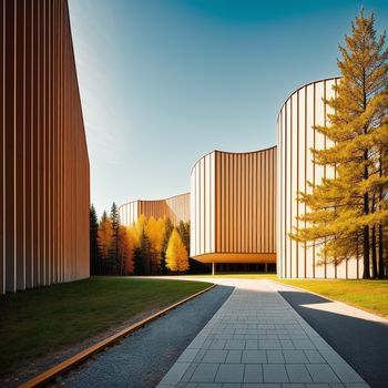 walkway between two buildings with a tree in the background and a walkway between them that leads to a building with a curved roof