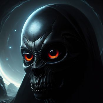 demonic looking alien with glowing eyes and a black helmet on