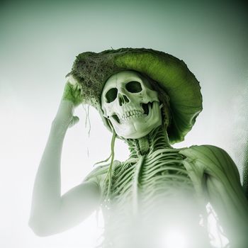 skeleton with a green hat and a skeleton body is shown in a photo with a light behind it