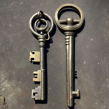 two old keys are laying on a table together