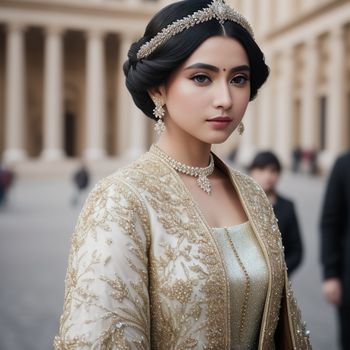 woman in a gold dress and a tiara standing in front of a building with columns and columns