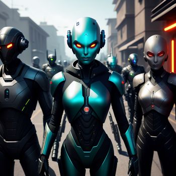 group of futuristic people walking down a street in a city with neon lights on their faces and eyes