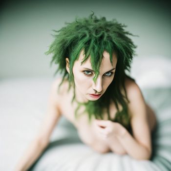 woman with green hair laying on a bed with a white sheet and a white pillow behind her is looking at the camera