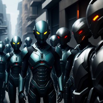 group of robots walking down a street next to tall buildings with glowing eyes on their faces and arms