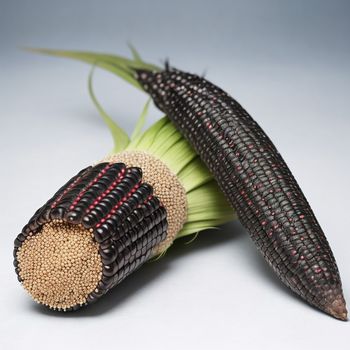 couple of corn on a white table with a green stalk and a brown stalk with red spots on it