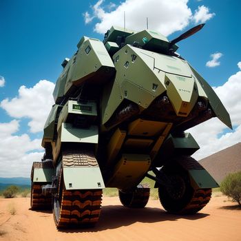 large tank like vehicle is parked in the desert with a sky background and clouds in the sky above