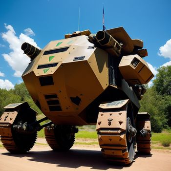 large military vehicle with a large gun on it's back end and a flag on top of it