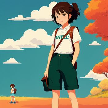 girl standing in front of a tree with a backpack on her shoulder and a boy walking behind her