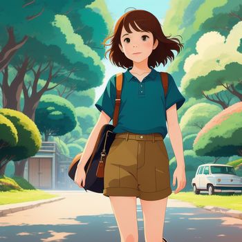 girl in a blue shirt and brown shorts is walking down a street with a backpack on her shoulder