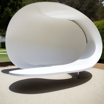 large white object sitting on top of a cement ground next to a tree filled park area with a bench