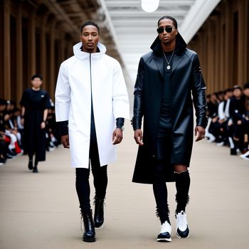 two men walking down a runway in black and white outfits and white sneakers