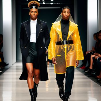 two models walking down the runway at a fashion show wearing yellow raincoats and black boots and black skirts