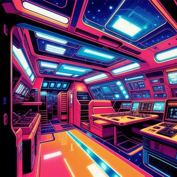 futuristic space station with a computer desk and monitors and a keyboard and mouse pad on the floor and a lot of lights