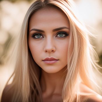 woman with long blonde hair and blue eyes posing for a picture with a tree in the background and a soft light