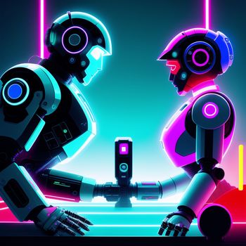 couple of robots standing next to each other in a room with neon lights on the walls and a neon light on the floor