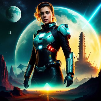 woman in a futuristic suit standing in front of a full moon and a distant city with a distant moon