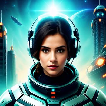 woman in a space suit with headphones on and a city in the background with a spaceship in the sky