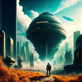 man standing in a field with a futuristic city in the background and a distant sky in the background