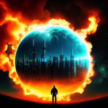 man standing in front of a large blue and orange city in the sky with a huge circle of clouds