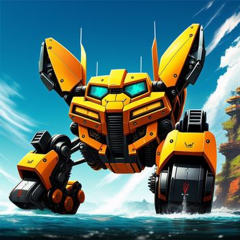 yellow and black robot is in the water and some trees and a cliff in the background with a blue sky