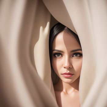 woman is peeking out from behind a white curtain with her eyes closed and her hair in a bun