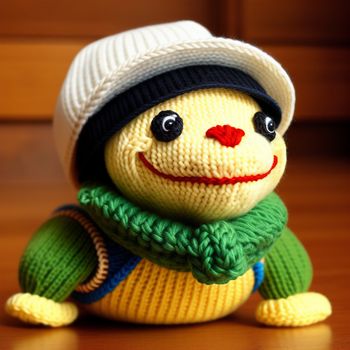 knitted toy with a hat and scarf on a table with a wooden background and a wooden floor