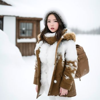 woman in a brown coat and white fur coat standing in the snow with a brown bag and a brown jacket