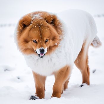 dog is standing in the snow with its mouth open and it's tongue out and it's tongue out