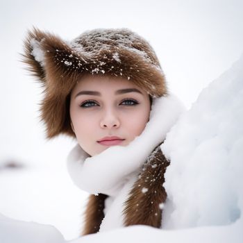 woman wearing a fur hat and scarf in the snow with a fur pom pom on her head