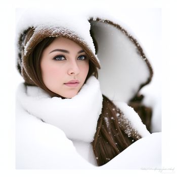 woman with a hat and scarf on in the snow with a scarf around her neck and a scarf around her neck