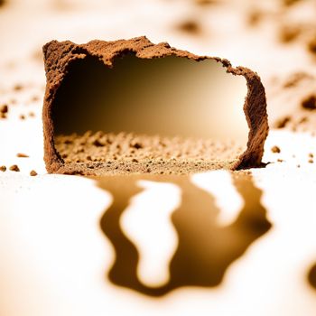 piece of chocolate cake sitting on top of a table next to a shadow of a person on the ground