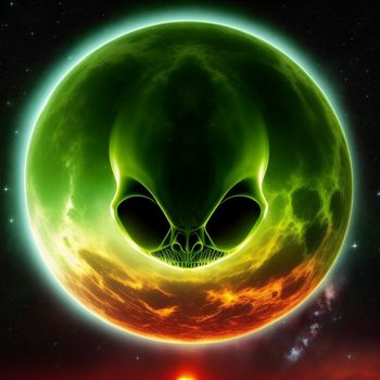 green alien head is in the middle of a red planet with a bright yellow light in the middle