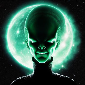 green alien with a black face and a green moon behind it